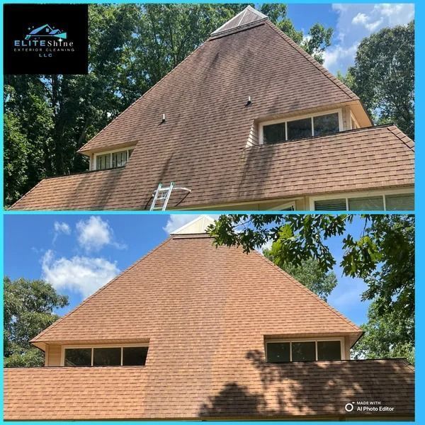 Before and after comparison of a brown roof cleaning, showing dramatic improvement.