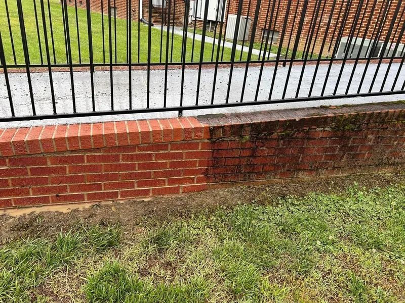 Brick wall cleaned on one side, mossy on the other, next to a black metal fence and green grass.