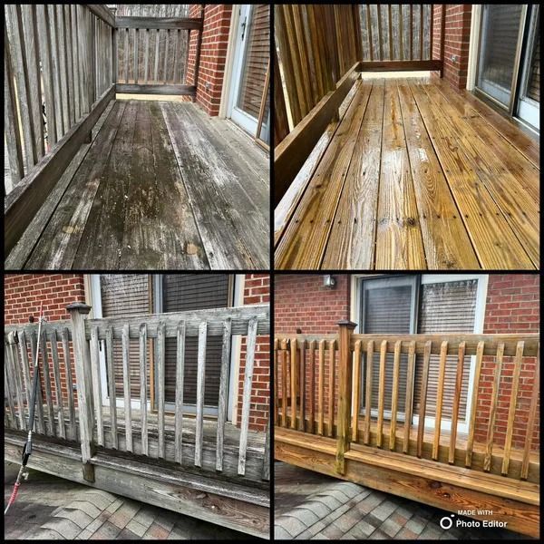 Before and after of wooden deck cleaning: gray and weathered to a revitalized, warm wooden deck.