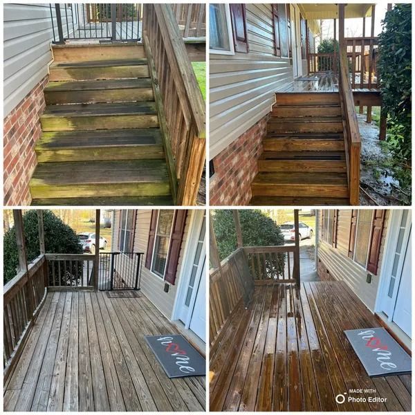Before and after photos of a wooden porch and steps being cleaned, showing the transformation.