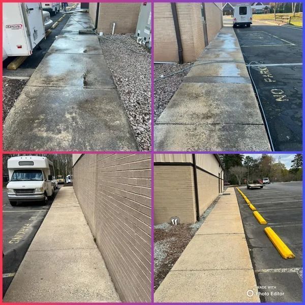 Four views of a concrete sidewalk next to a building and parking lot, showing wet and clean sections.