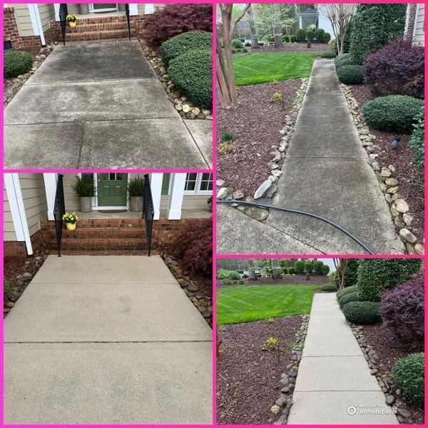 Before and after photos of a concrete walkway being power washed. The walkway is clean in the after photos.