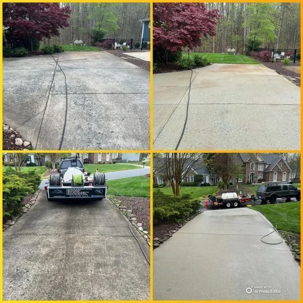 Driveway before and after power washing; equipment, house, green grass, and trees.