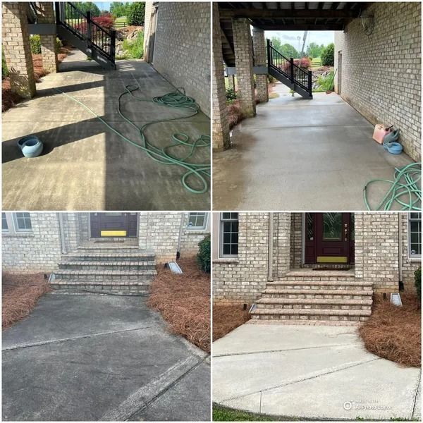 Comparison of before-and-after power washing results: concrete walkways and steps are cleaned and lighter.