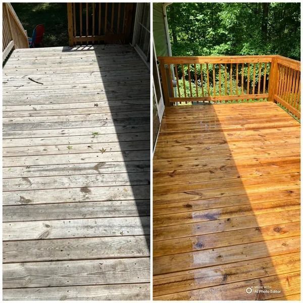 Before and after of a stained wooden deck; weathered gray planks compared to bright, fresh wood.
