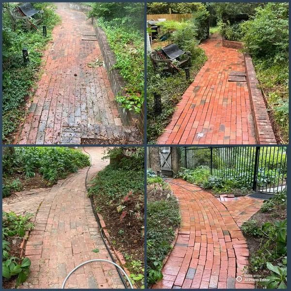 Four photos show a brick pathway before and after cleaning.