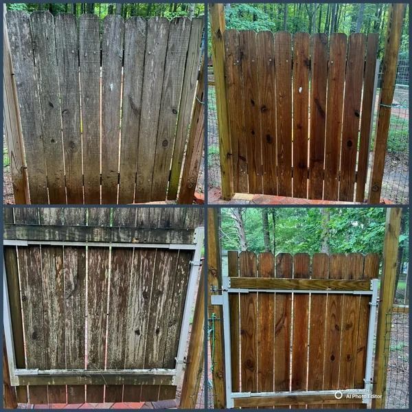 Four sections of a wooden fence, two dirty and two freshly stained a rich brown.