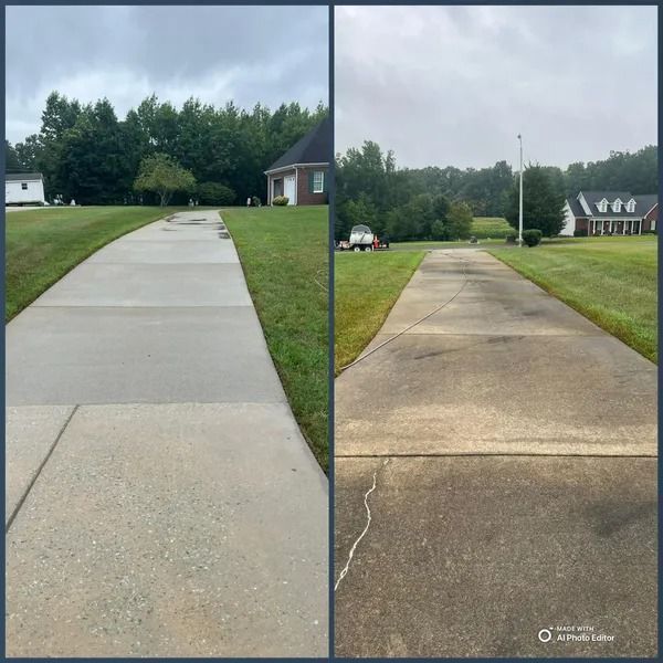 Before and after view of a driveway cleaned with a power washer. The left shows a clean gray driveway; the right shows a dirty, stained driveway.
