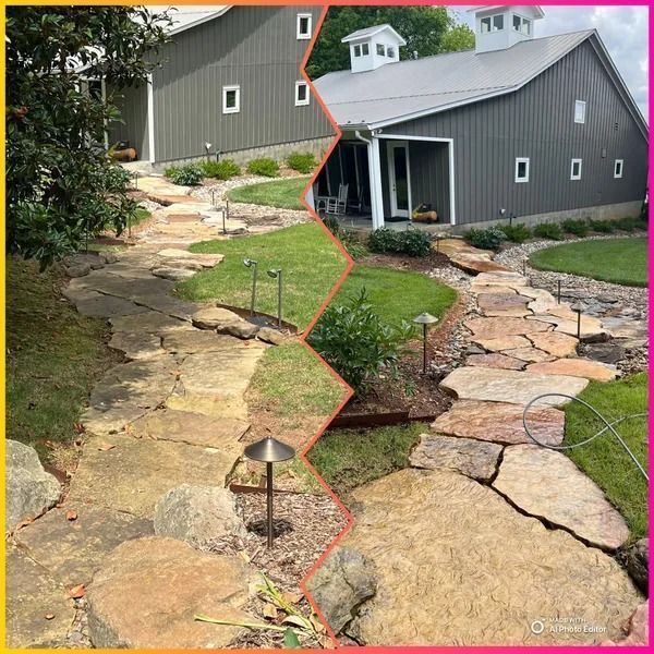 Before and after comparison of a flagstone pathway leading to a gray barn, with fresh landscaping.