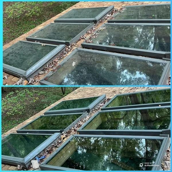 Before and after of dirty skylights on a rooftop, cleaned to show a bright reflection of trees.
