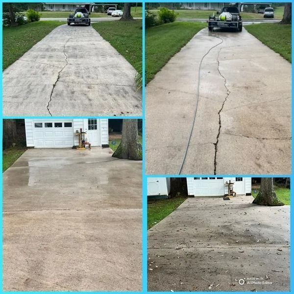 Four-panel comparison of driveway cleaning: before and after shots showing the process and results.
