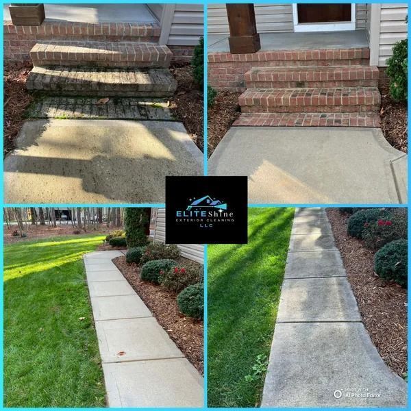 Before and after power washing: brick steps and walkway, removing dirt and grime, revealing cleaner surfaces.