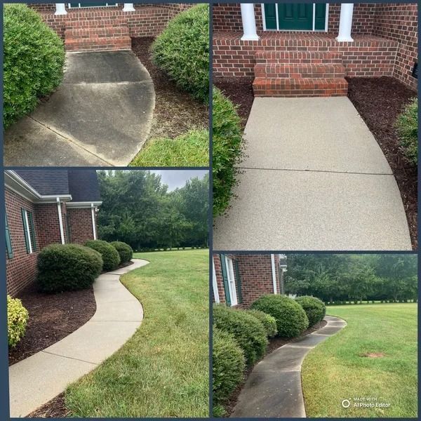 Before-and-after of a concrete walkway. Dirty and stained walkway is now clean and bright, with fresh mulch.