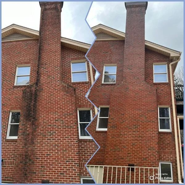 Comparison of a brick chimney before and after cleaning, showing noticeable discoloration removal.