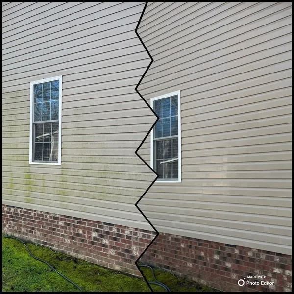 Before/after comparison of house siding, showing clean right side and dirty left side.