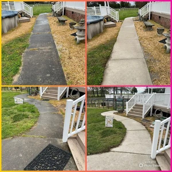 Four panels showing a concrete pathway, before and after cleaning.