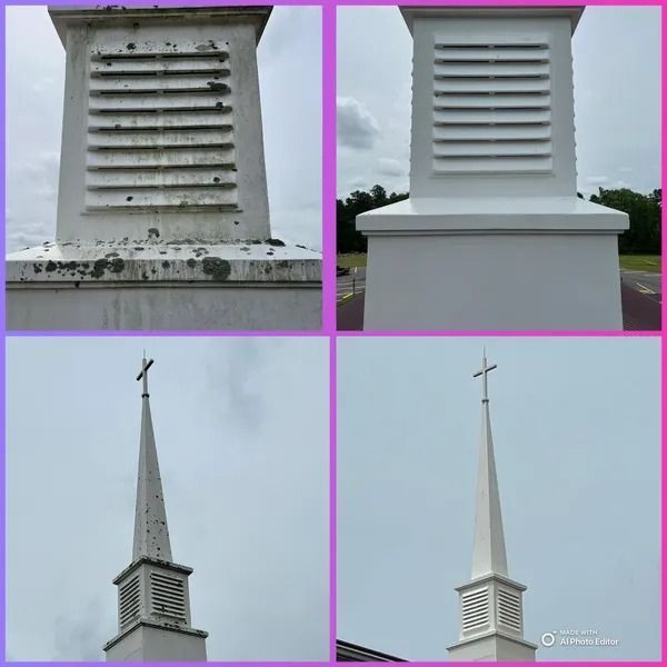 White church steeple before and after cleaning.