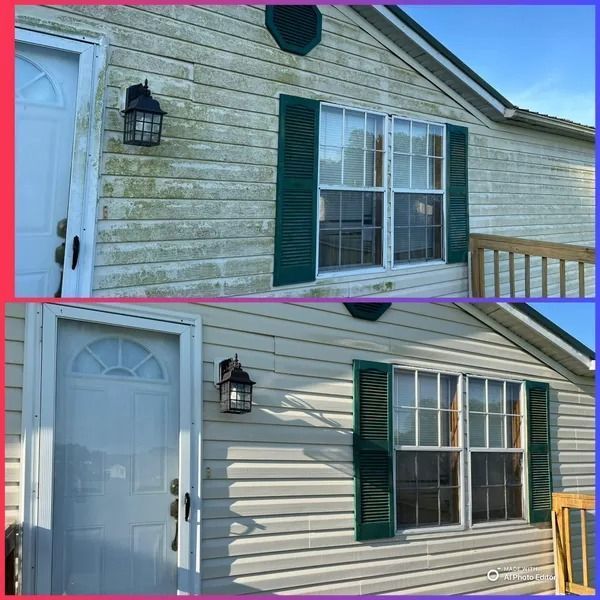 Before-and-after of a house exterior cleaning. The siding is white, and the trim is green.