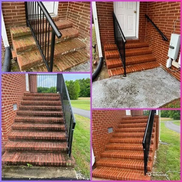 Brick steps with black railings leading to a white door. The steps are cleaned, and show the before and after effect.