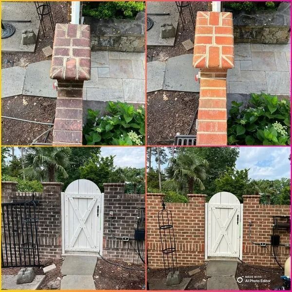 Four-panel comparison of brick columns and a wall with a gate; left side is dirty, right side is clean after pressure washing.