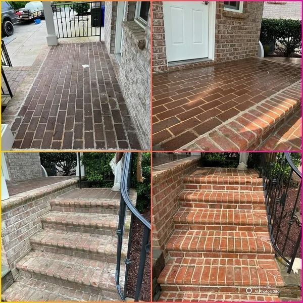 Four-panel comparison: Brick porch and steps before and after cleaning, showing a significant color difference.