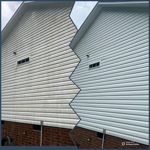 Side-by-side comparison of a house's siding before (dirty) and after (cleaned) a power wash, showing improved appearance.