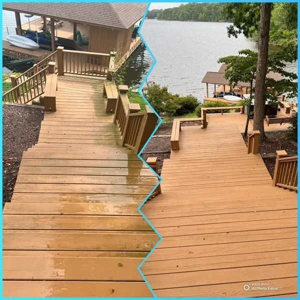 Comparison of a wooden dock before and after cleaning; showing the difference in color and cleanliness.