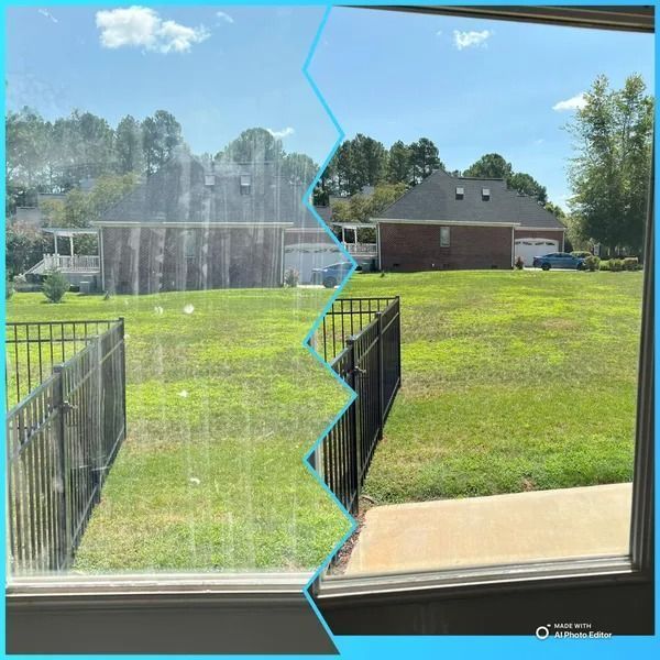 Window cleaning comparison: Grimy, smeared window (left) contrasted with a clean, clear pane (right), revealing a sunny backyard.