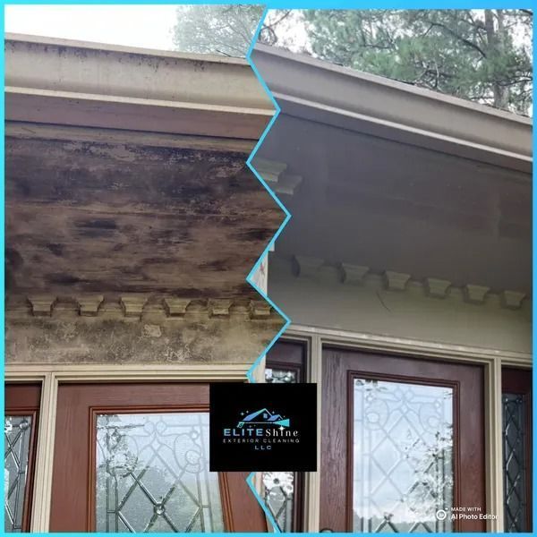 Side-by-side comparison of a house's dirty and cleaned exterior, showing dramatic improvement after cleaning.