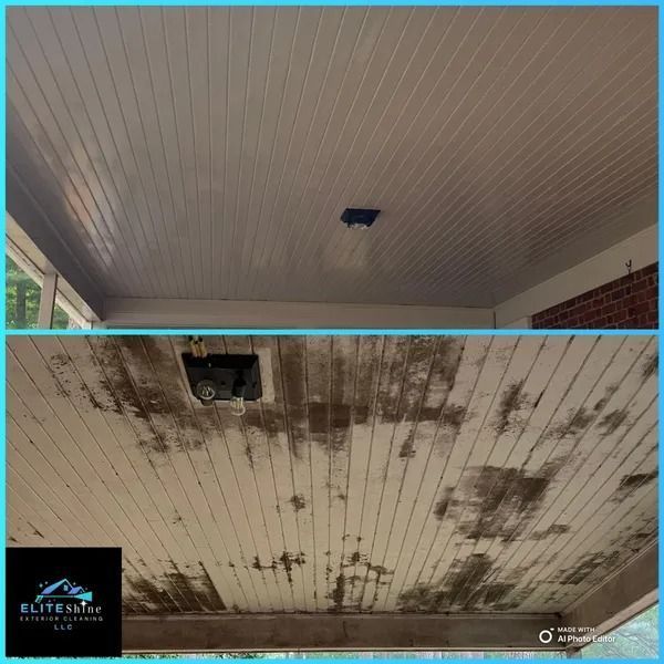 Before and after of a porch ceiling, cleaned of mold and mildew. Light brown wood, cleaned to white.