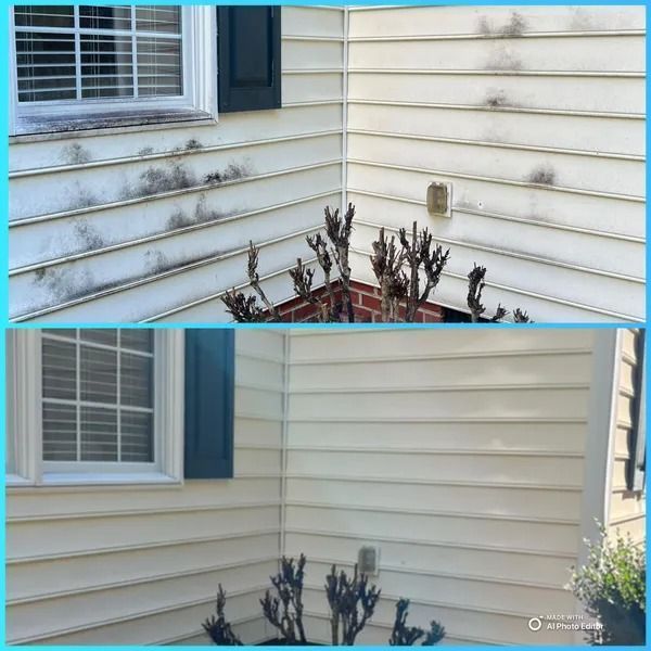 Comparison of a dirty and clean house exterior. The top shows grime, the bottom is clean.