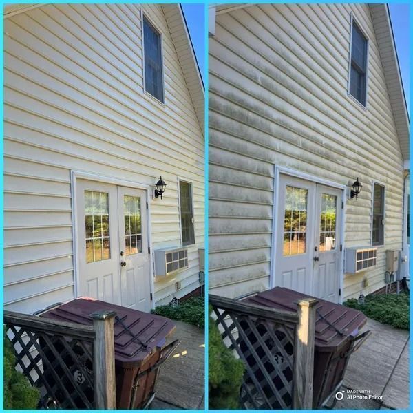 Side-by-side comparison of a building's siding: clean (left) and dirty (right), showing the effectiveness of cleaning.