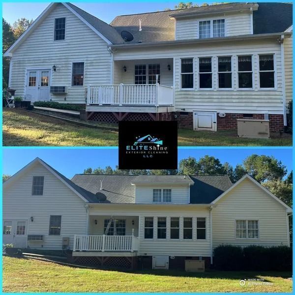 Comparison of a house's exterior before and after power washing; white siding, clean and dirty.