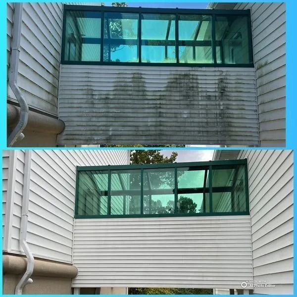 Before and after of a house exterior cleaning. Green-framed window and siding, showing removal of dark mold.