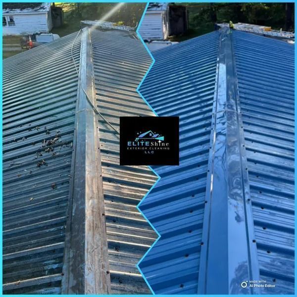 Split photo shows a roof cleaned on the right and dirty on the left. The roof is blue metal with a gutter.