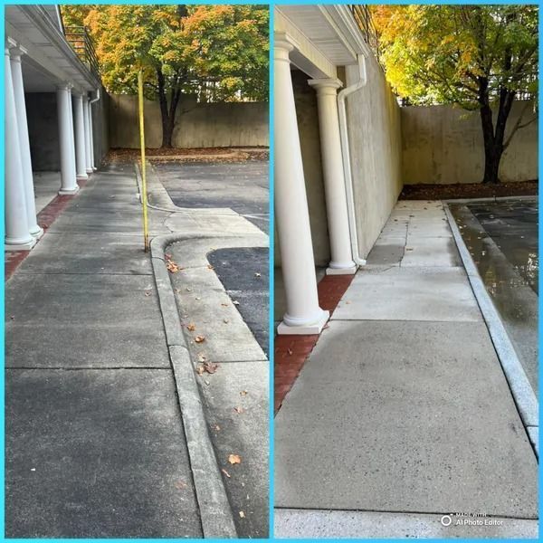 Before and after comparison of a power-washed concrete walkway, showing a cleaner surface after cleaning.