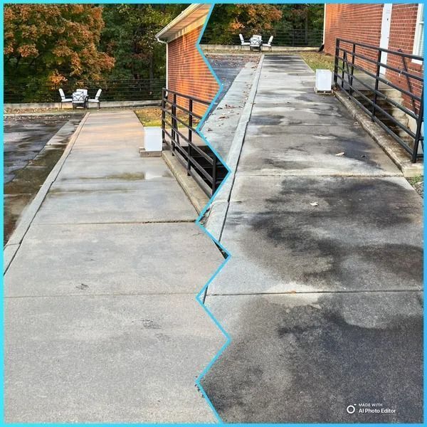 A comparison of a concrete ramp before and after power washing, showing a noticeable difference in cleanliness.