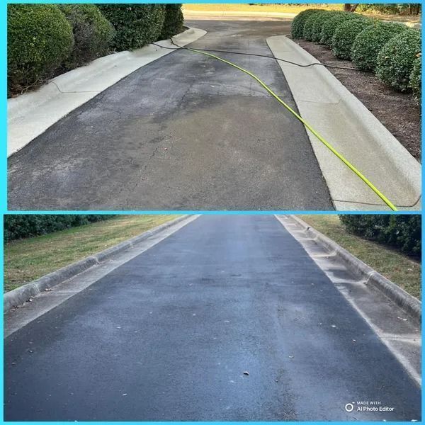 Before and after photo of a black asphalt driveway being power washed, with a bright green hose across the top image.