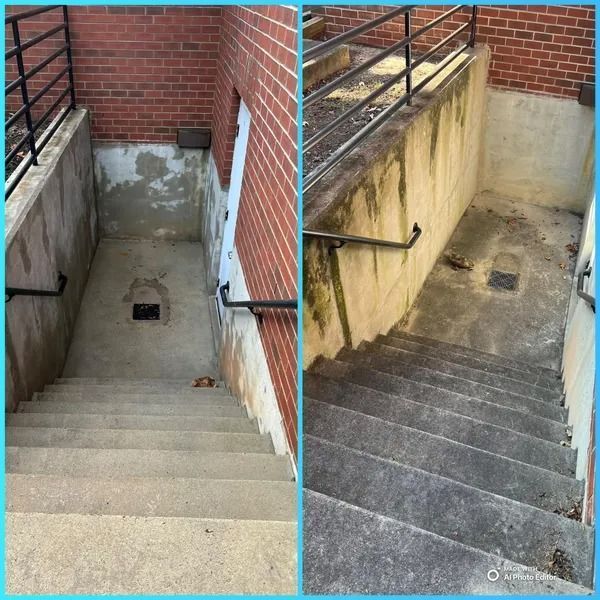 Comparison of a stairway before and after cleaning: concrete stairs, brick walls, and black handrails.