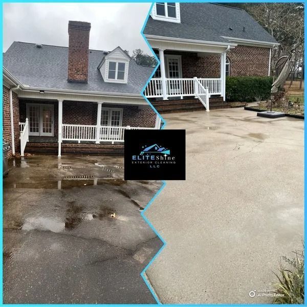 Split image: Before and after power washing. Dirty, wet concrete vs. clean, bright concrete driveway and patio.