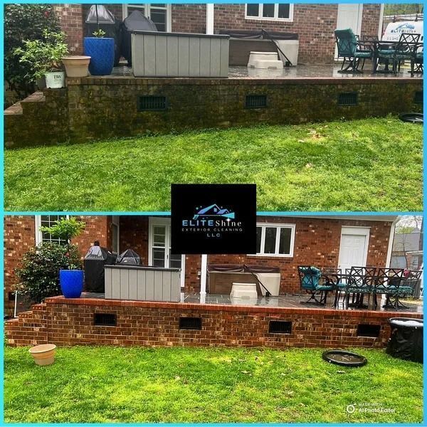 Before and after comparison of a brick patio and wall cleaning.