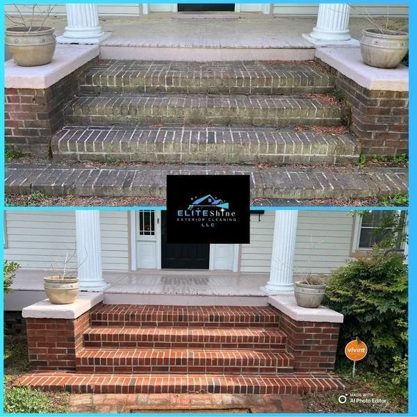 Before and after of a brick front porch cleaned, showing a drastic change in color and cleanliness.