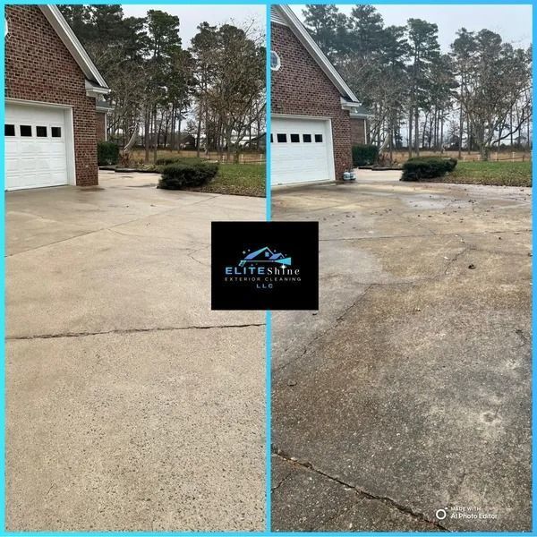 Before and after of a driveway cleaning; concrete driveway next to a brick house.