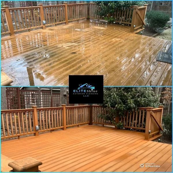 Comparison of a wet, dirty wooden deck to the same deck, clean and stained.