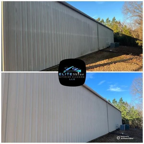 Before and after of a metal building cleaned, showing a clear difference.