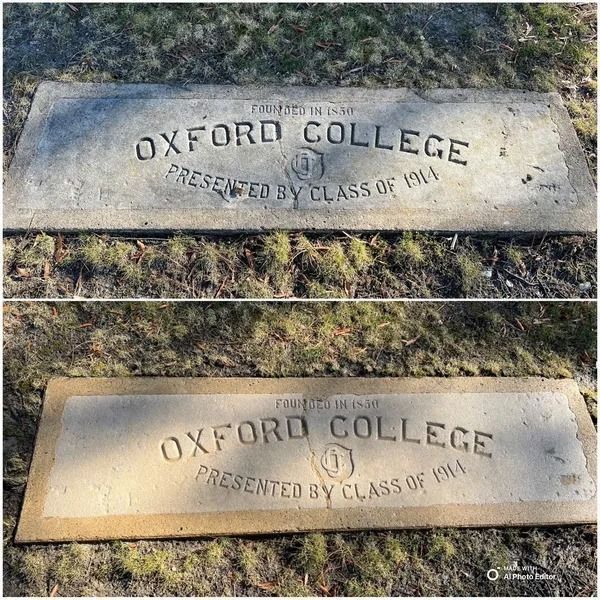 Two photos of a stone plaque. The top is faded, the bottom is clean. Both read 