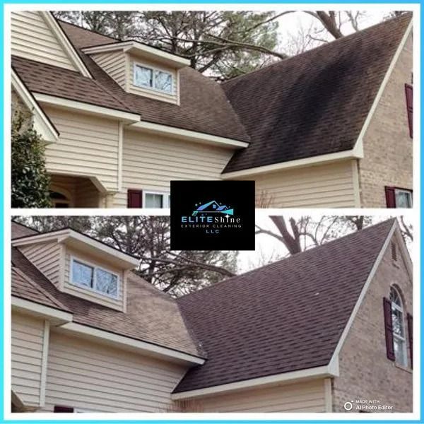 Before and after of a house roof cleaning. Brown roof with black stains before, clean brown roof after.