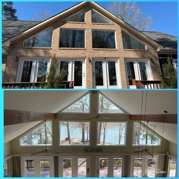 Exterior and interior views of a brick house with large windows, doors, and a lake view.