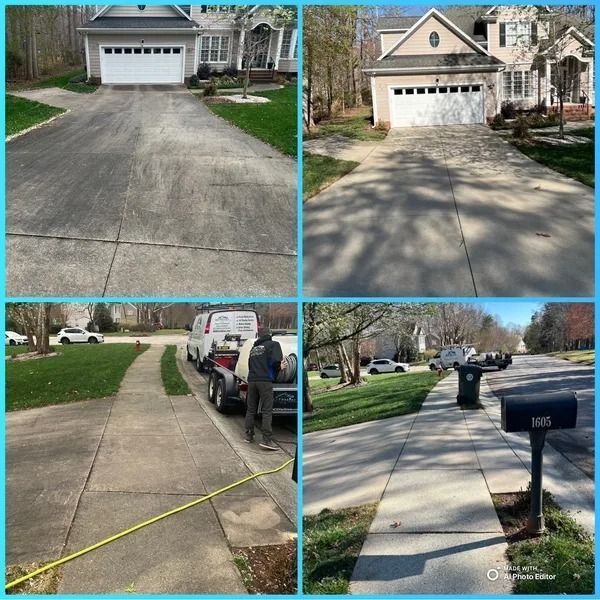 Driveway and sidewalk cleaning before and after. Pressure washing service in residential area.