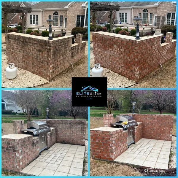 Before and after photos showing a brick outdoor kitchen cleaned with a pressure washer.